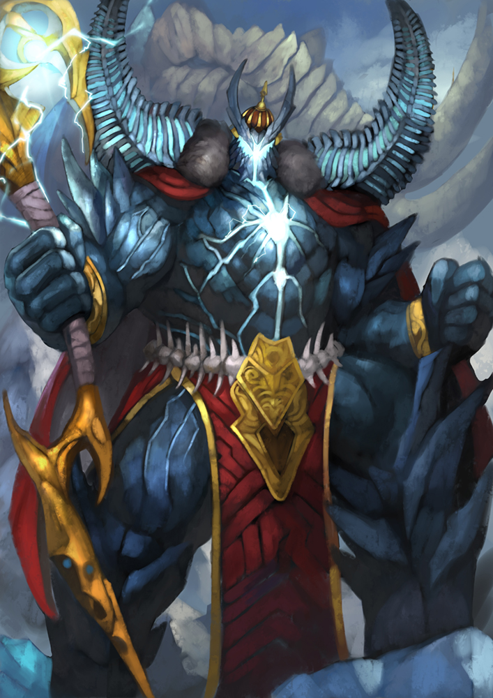 1boy clenched_hand crown fate/grand_order fate_(series) full_body giant giant_male glowing glowing_cracks holding holding_staff horns ivan_the_terrible_(fate) male_focus monster_boy muscular pelvic_curtain shousuke_(skirge) solo staff standing tusks