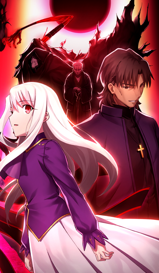 1girl 3boys bald black_cloak black_haori black_shirt black_skin breasts brown_eyes brown_hair cane cloak colored_skin commentary covered_face cross cross_necklace curtained_hair endou_kaori fate/grand_order fate/stay_night fate_(series) floating_hair great_grail green_kimono haori hassan_of_the_cursed_arm_(fate) heaven&#039;s_feel holding holding_cane hood hood_up hooded_cloak illyasviel_von_einzbern jacket japanese_clothes jewelry kimono kotomine_kirei latin_cross long_arms long_hair long_sleeves looking_to_the_side mask matou_zouken medium_hair multiple_boys necklace official_art old old_man parted_lips purple_jacket red_eyes shirt sidelocks skirt skull_mask small_breasts smirk teeth third-party_source white_hair white_mask white_skirt wing_collar zabaniya_(fate)