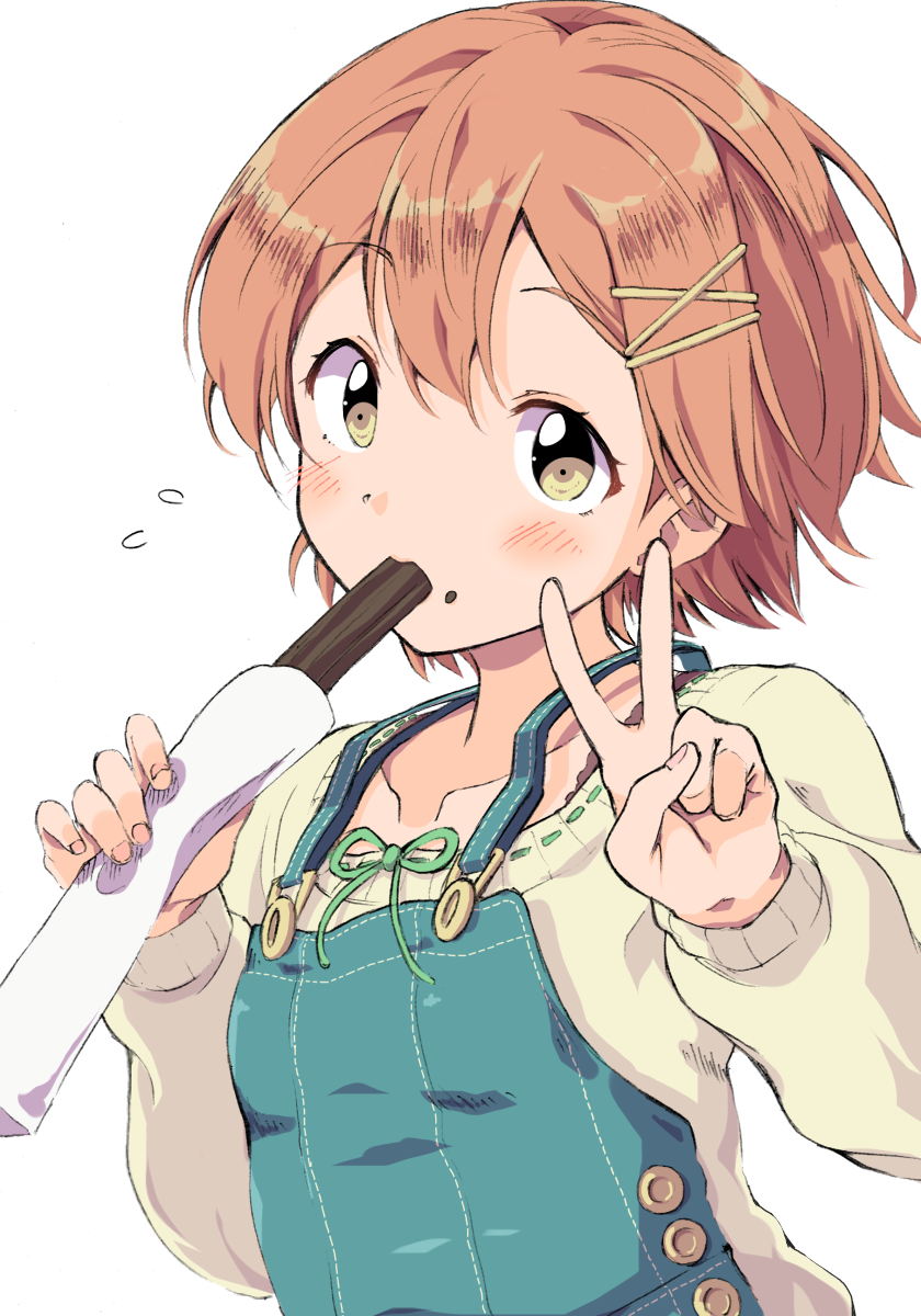 1girl blush churro eating food food_on_face hair_ornament hairclip highres holding holding_food hoshizora_rin long_sleeves looking_at_viewer love_live! love_live!_school_idol_project orange_hair overalls sen_(sen0910) short_hair simple_background solo sweater upper_body v white_background yellow_eyes yellow_sweater