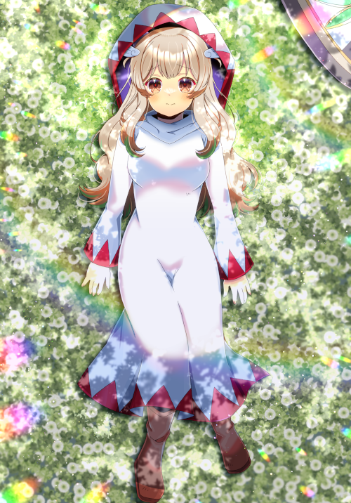 1girl amatsuna_sasaha blush boots breasts brown_boots brown_eyes brown_hair closed_mouth commentary_request dress field flower flower_field full_body groin hood hood_up indie_virtual_youtuber kou_hiyoyo long_hair long_sleeves looking_at_viewer lying medium_breasts on_back sleeves_past_wrists smile solo very_long_hair virtual_youtuber white_dress white_flower