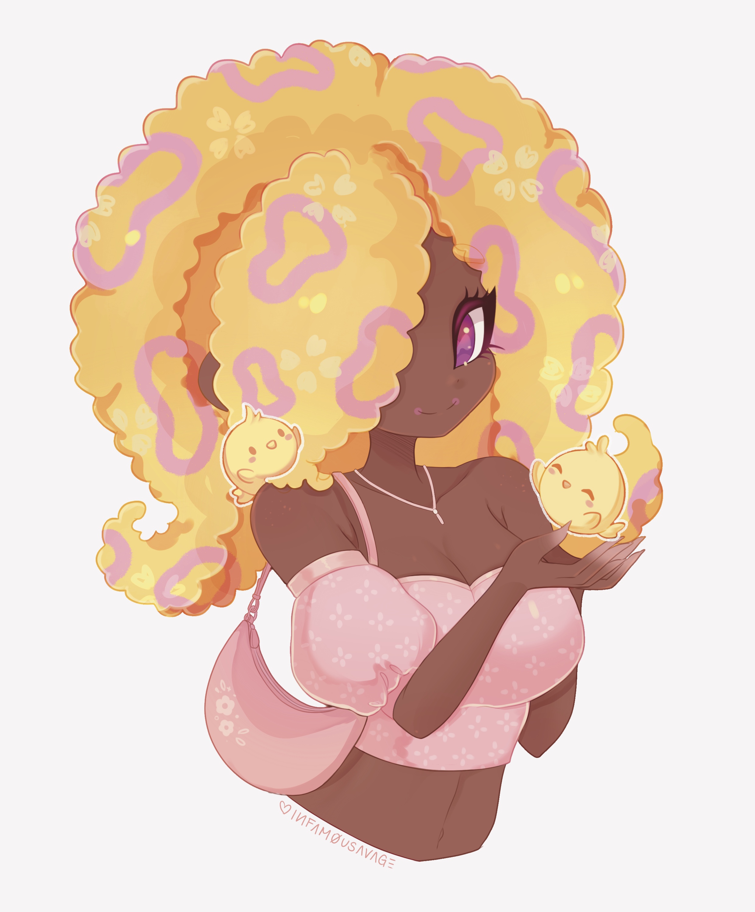 1girl absurdres alternate_costume artist_name bag bare_shoulders bird breasts cephalopod_eyes cleavage crop_top cropped_torso dark-skinned_female dark_skin hair_over_one_eye hands_up heart highres infamousavages jewelry looking_at_viewer medium_breasts midriff navel necklace nintendo orange_hair patterned_hair pink_bag pink_shirt puffy_short_sleeves puffy_sleeves purple_eyes shirt short_sleeves shoulder_bag simple_background smile solo splatoon_(series) splatoon_3 strapless strapless_shirt tao_blu tentacle_hair very_dark_skin white_background