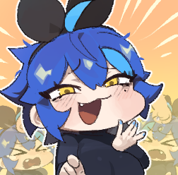 &gt;_&lt; 1girl :3 black_ribbon blue_hair bonk chibi commentary dif_(difman) difman english_commentary hair_ribbon lowres mole mole_under_eye orange_background original ribbon short_hair smug yellow_eyes