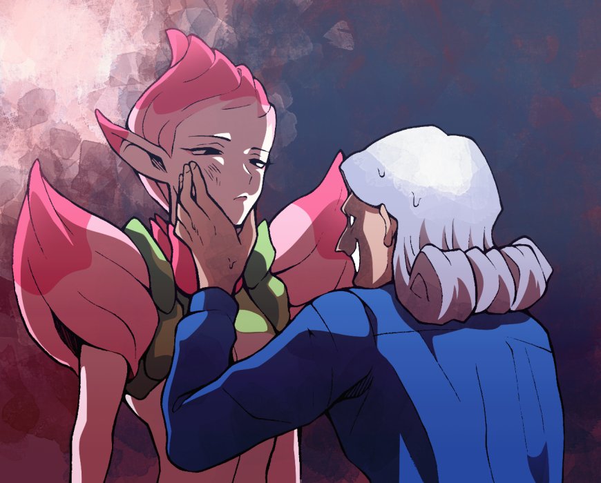 2boys breath_of_fire breath_of_fire_ii minashirazu multiple_boys pink_hair pointy_ears smile spar sweat white_hair