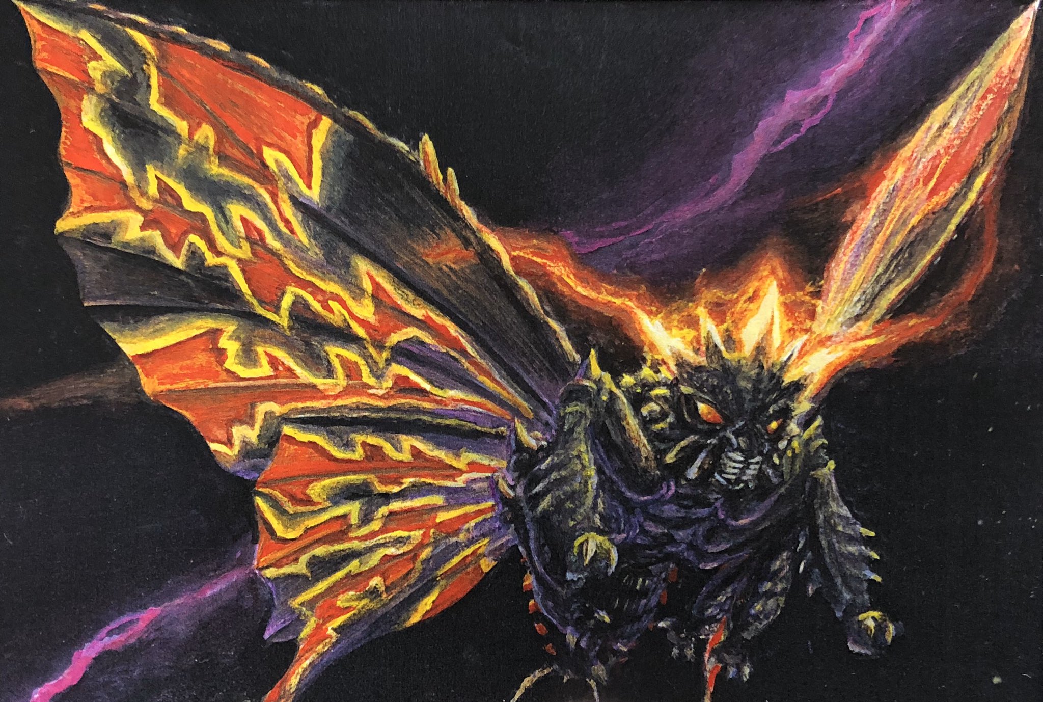 battra black_background bug butterfly electricity energy flying g.n.a glowing_horns godzilla_(series) godzilla_vs._mothra highres horns insect kaiju mandibles moth night no_humans orange_electricity pincers pink_electricity purple_electricity simple_background sky stinger toho wings