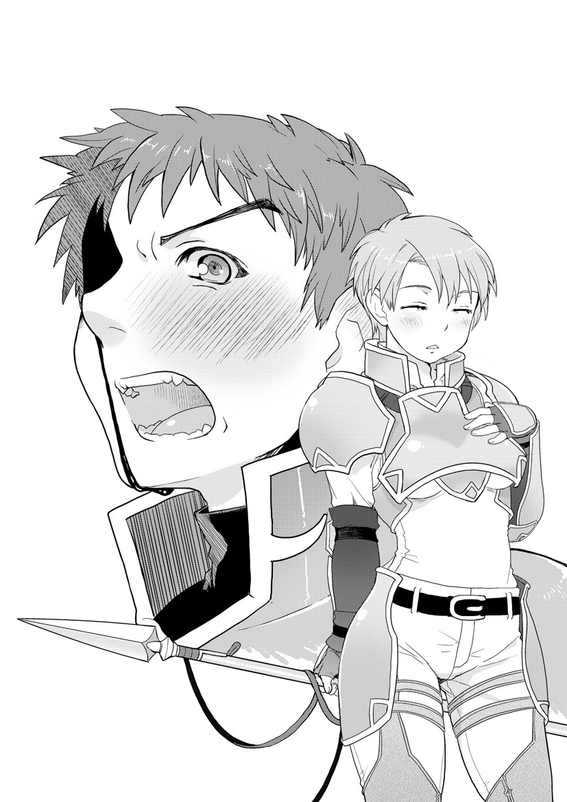 1boy 1girl armor blood blush closed_eyes fingerless_gloves fire_emblem fire_emblem:_path_of_radiance gauntlets genderswap genderswap_(mtf) gloves greyscale kieran_(fire_emblem) monochrome nintendo nosebleed oscar_(fire_emblem) polearm short_hair spear weapon yajiro_masaru