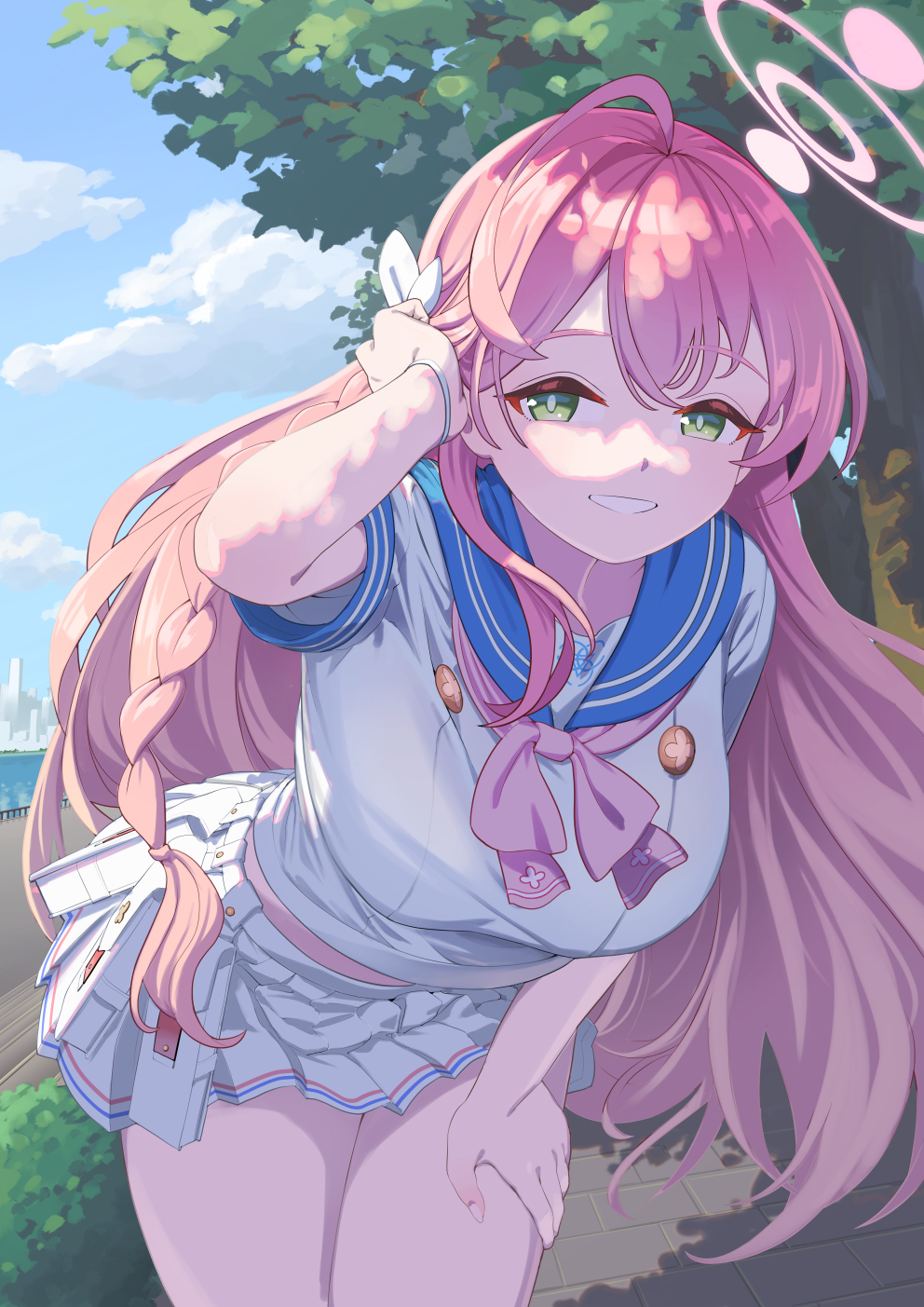 1girl ahoge blue_archive braid breasts commentary green_eyes hair_between_eyes halo hanako_(blue_archive) hand_on_lap hand_up highres large_breasts leaning_forward long_hair looking_at_viewer miniskirt neckerchief outdoors pink_hair pink_halo pink_neckerchief pleated_skirt school_uniform serafuku shirt shrimp1634 side_braid single_braid skirt smile solo thighs white_shirt white_skirt
