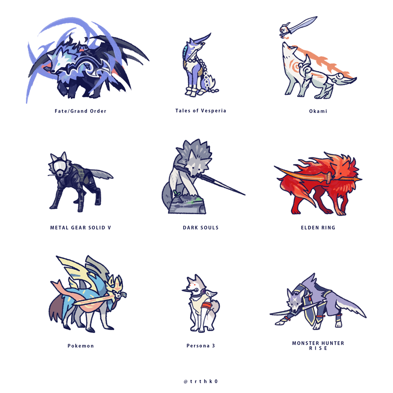 amaterasu_(ookami) animal animal_focus bodypaint canyne chibiterasu copyright_name dark_souls_(series) diamond_dog dog elden_ring fate/grand_order fate_(series) gen_8_pokemon great_grey_wolf_sif grey_wolf hiko_(lg612) husky koromaru_(persona) legendary_pokemon lobo_(fate) markings metal_gear_(series) metal_gear_solid_v:_the_phantom_pain monster_hunter_(series) monster_hunter_rise mouth_hold nintendo no_humans ookami_(game) persona persona_3 pokemon pokemon_swsh red_wolf_of_radagon repede_(tales) sword tales_of_(series) tales_of_vesperia trait_connection twitter_username weapon weapon_in_mouth white_background white_wolf wolf zacian zacian_(crowned)
