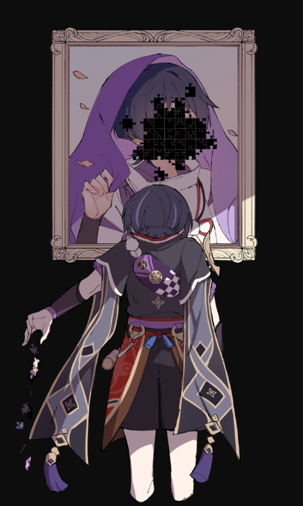2boys bag black_background black_bridal_gauntlets black_shirt black_shorts black_sleeves blunt_ends bridal_gauntlets detached_sleeves falling_petals from_back genshin_impact grey_sleeves hand_up japanese_clothes jigsaw_puzzle kimono layered_sleeves long_sleeves male_focus multicolored_hair multiple_boys parted_bangs petals picture_frame pom_pom_(clothes) purple_bag purple_hair purple_headwear purple_sash purple_shirt puzzle sash scaramouche_(genshin_impact) scaramouche_(kabukimono)_(genshin_impact) shirt short_hair short_over_long_sleeves short_sleeves shorts streaked_hair tassel tirlleneill veil white_shirt