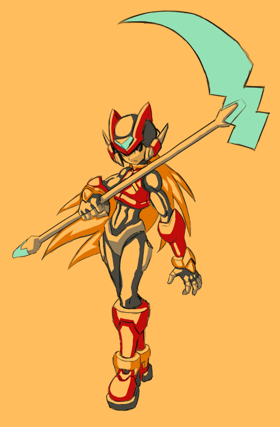 1boy armor black_eyes blonde_hair energy_blade forehead_jewel full_body helmet highres holding holding_scythe long_hair mega_man_(series) mega_man_zero_(series) orange_background red_armor red_helmet scythe simple_background solo tennasi19 zero(z)_(mega_man) zero_(mega_man)