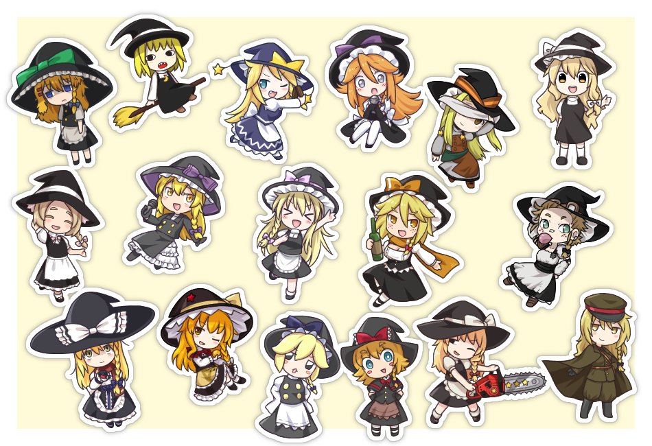 &gt;_&lt; &lt;o&gt;_&lt;o&gt; 6+girls :d agucala_(cookie) akane_(cookie) apron azusa_(cookie) bandage_over_one_eye black_capelet black_coat black_dress black_eyes black_gloves black_hat black_skirt black_vest blue_bow blue_eyes blush_stickers bottle bow bowtie braid bright_pupils broom broom_riding brown_apron brown_cape brown_coat brown_hat brown_pants buttons cape capelet chainsaw chewing_gum chibi chibi_only coat cookie_(touhou) crescent crescent_pin dress freckles frilled_hat frilled_skirt frills gloves goggles goggles_on_headwear gogogo_(cookie) green_bow grey_dress hair_bow hair_ornament hairclip hand_on_headwear hat hat_bow holding holding_bottle holding_chainsaw holding_microphone ichirou_(cookie) kirisame_marisa kohaku_(cookie) long_hair long_sleeves mars_(cookie) meguru_(cookie) microphone mikami_makoto military_hat military_uniform multiple_girls nekocookie114 one_eye_closed open_mouth orange_bow orange_eyes orange_hair pants pinafore_dress pink_bow puffy_short_sleeves puffy_sleeves purple_bow red_bow red_bowtie red_scarf rei_(cookie) ruka_(cookie) sake_bottle scarf shaded_face sharp_teeth shirt short_hair short_sleeves side_braid single_braid skirt skirt_set sleeveless sleeveless_dress smile star_(symbol) sugar_(cookie) suzu_(cookie) teeth touhou uzuki_(cookie) vest waist_apron white_pupils white_shirt witch_hat xd yellow_background yurina_amado yuuhi_(cookie) zakuro_ishi