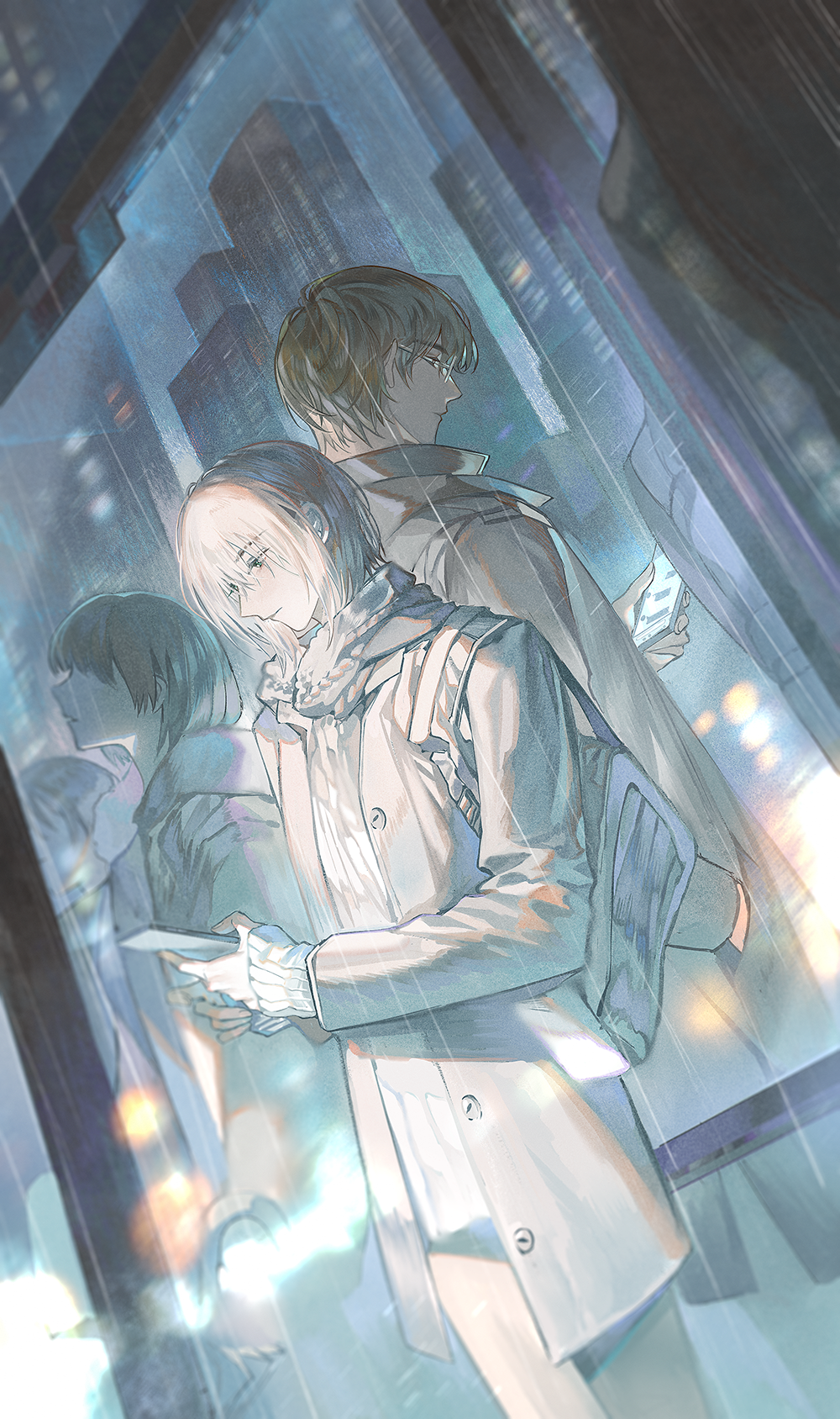 2boys backpack bag brown_hair building cellphone city closed_mouth coat dutch_angle green_eyes highres holding holding_phone hood long_sleeves multiple_boys night original outdoors phone rain short_hair smartphone standing white_coat yaoi yinzinmiemie