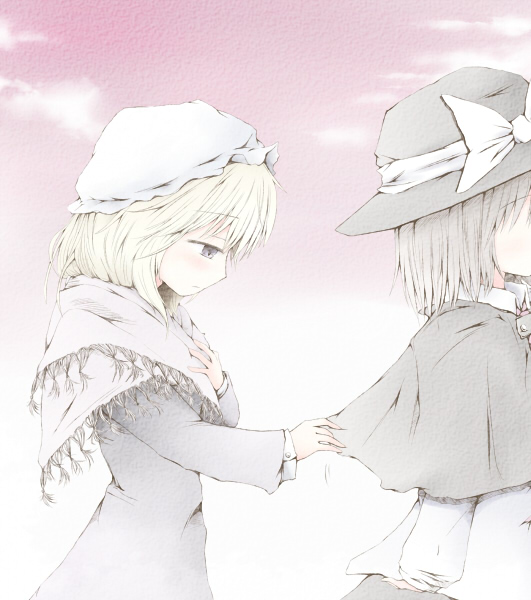 2girls blonde_hair bow brown_hair capelet dress female_focus hand_on_own_chest hat hat_bow long_sleeves maribel_hearn multiple_girls romi scarf short_hair touhou usami_renko