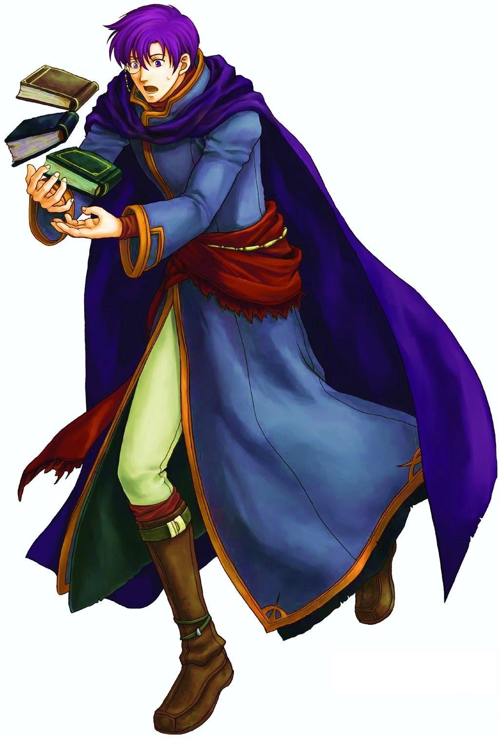 1boy book boots canas_(fire_emblem) cape fire_emblem fire_emblem:_the_blazing_blade full_body highres izuka_daisuke male_focus monocle nintendo official_art purple_eyes purple_hair simple_background solo white_background