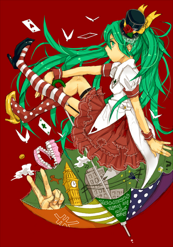1girl ? ace_(playing_card) ace_of_clubs ace_of_hearts asymmetrical_footwear babylon_(vocaloid) bird black_footwear black_hat blue_eyes blue_hair card club_(shape) commentary_request dentures elizabeth_tower frilled_skirt frills full_body hair_between_eyes hat hatsune_miku heart high_heels kusabe_ichii long_bangs long_hair looking_at_viewer looking_to_the_side mini_hat mismatched_footwear mismatched_socks playing_card polka_dot_socks power_lines profile red_background red_skirt red_socks scissors shirt shoes skirt socks solo striped_clothes striped_socks top_hat twintails umbrella v very_long_hair vocaloid white_shirt white_socks wrist_cuffs yellow_shoes
