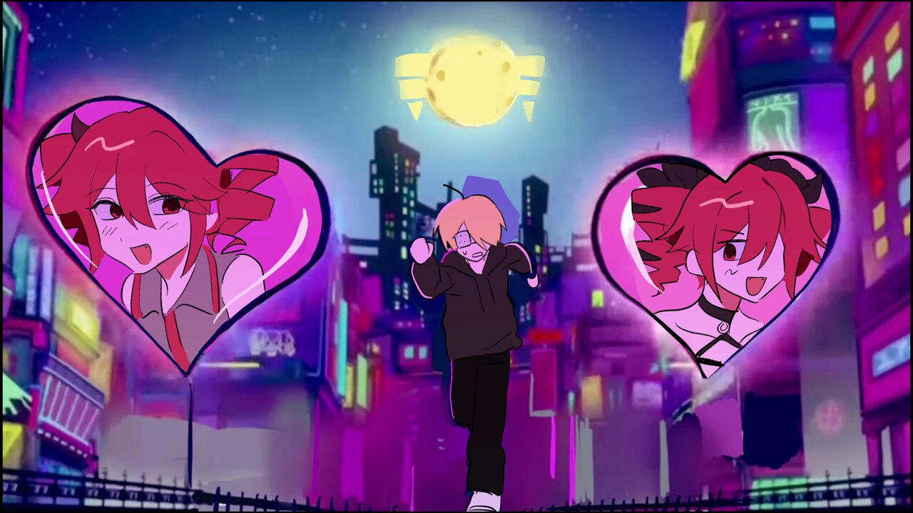 1boy 1girl :d bandage_over_one_eye black_bow black_choker black_hoodie black_pants black_ribbon blue_sky blush bow brown_hair building choker city collared_shirt commentary demon_girl demon_horns drawstring drill_hair fang fangs fence full_moon grey_background hair_between_eyes hair_bow hair_over_one_eye hair_ribbon halterneck heart hood hoodie horns kasane_teto kasane_teto_(utau) korean_commentary light_brown_hair long_hair long_sleeves meme moon multiple_views night night_sky open_mouth pants red_eyes red_hair red_trim ribbon running samsap shirt shoes single_vertical_stripe sky skyscraper sleeveless sleeveless_hoodie sleeveless_shirt smile sneakers star_(sky) starry_sky synthesizer_v track_pants twin_drills utau verbalase's_$50k_hazbin_hotel_amv_(meme) video_thumbnail white_footwear