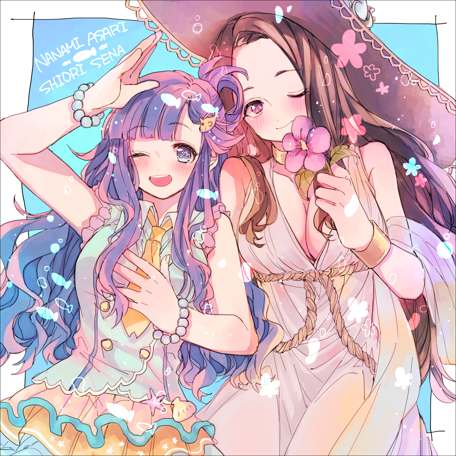 2girls amane_(7783) asari_nanami blue_background blue_shirt blush border bracelet breasts brown_hair cleavage collared_shirt commentary_request dress fish_hair_ornament flower hair_ornament hat highres idolmaster idolmaster_cinderella_girls jewelry large_breasts large_hat looking_at_viewer multiple_girls neckerchief one_eye_closed open_mouth pink_eyes pink_flower purple_eyes purple_hair purple_hat sena_shiori_(idolmaster) shirt sleeveless sleeveless_dress smile white_border white_dress yellow_neckerchief