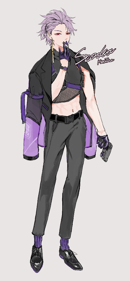 1boy alternate_costume belt black_belt black_gloves black_jacket black_pants black_shirt black_shoes character_name cigarette crop_top earrings full_body gloves grey_background gun half_gloves handgun holding holding_gun holding_weapon jacket jewelry male_focus meniusa_lau navel open_clothes open_jacket pants purple_hair purple_socks red_eyes saibou_shinkyoku shirt shoes short_hair simple_background socks solo theodore_riddle watch weapon wristwatch