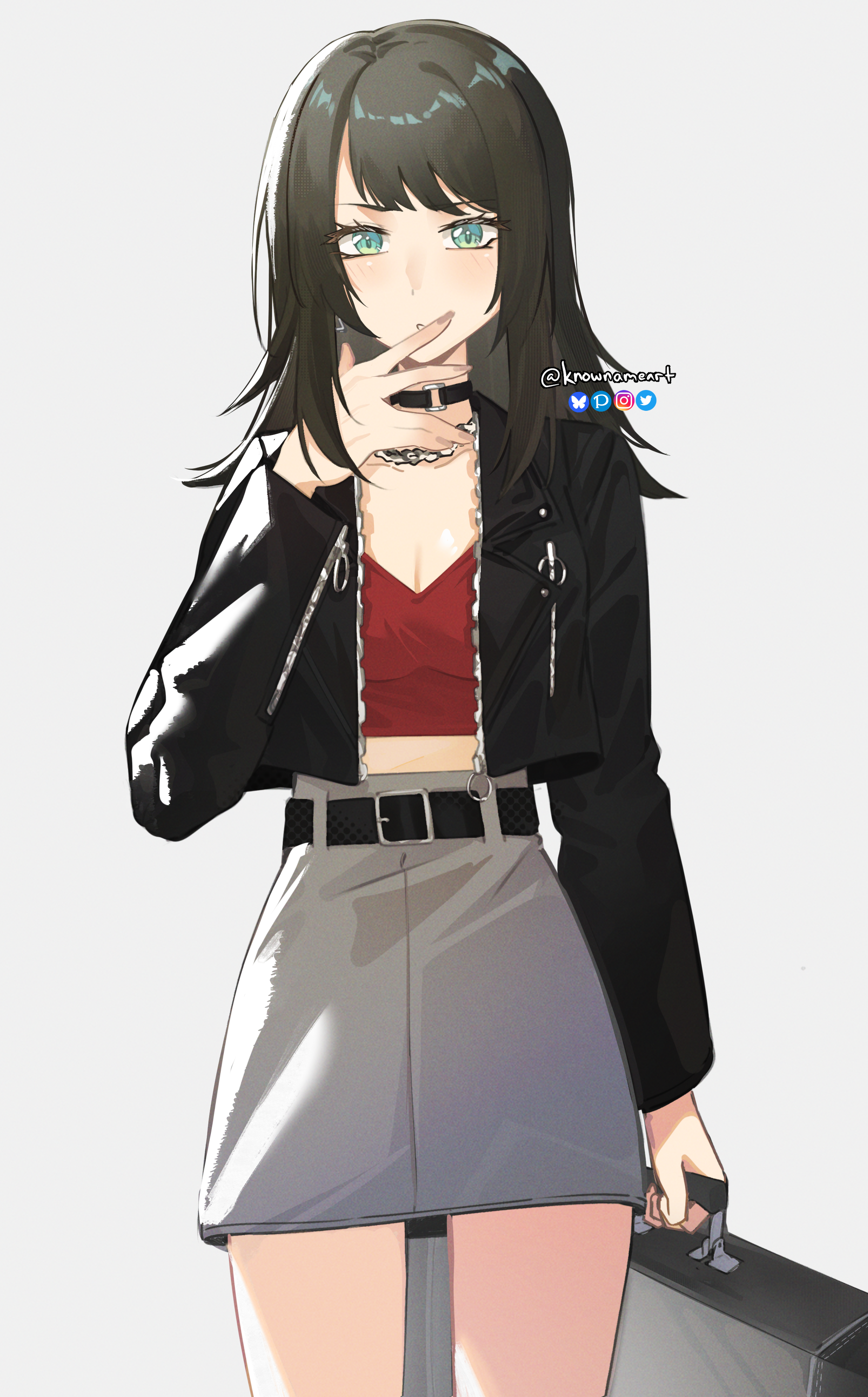 1girl absurdres bang_dream! bang_dream!_it's_mygo!!!!! belt black_belt black_choker black_hair black_jacket blush breasts choker cleavage commentary green_eyes grey_background grey_skirt highres jacket jewelry knowname long_hair long_sleeves looking_at_viewer midriff necklace open_clothes open_jacket open_mouth red_shirt shirt simple_background skirt solo twitter_username yahata_umiri zipper zipper_pull_tab