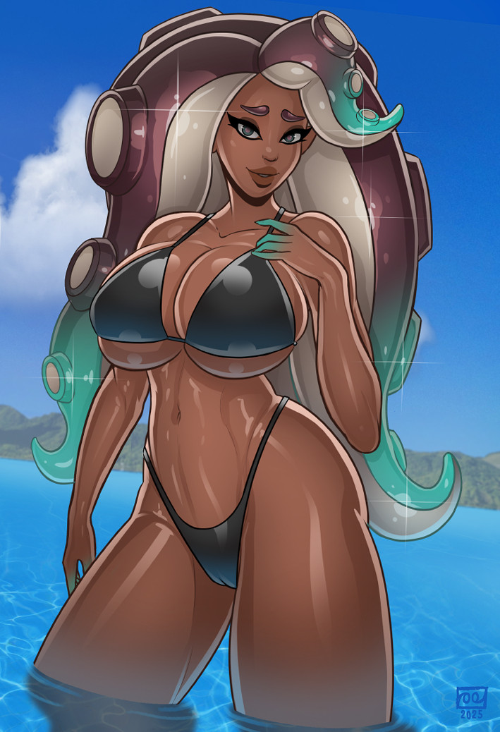 1girl bikini breasts cameltoe cleavage curvy dark-skinned_female dark_skin female_focus green_eyes huge_breasts large_breasts looking_at_viewer marina_(splatoon) monosloth navel nintendo skindentation solo splatoon_(series) splatoon_2 swimsuit tentacle_hair thick_thighs thighs underboob