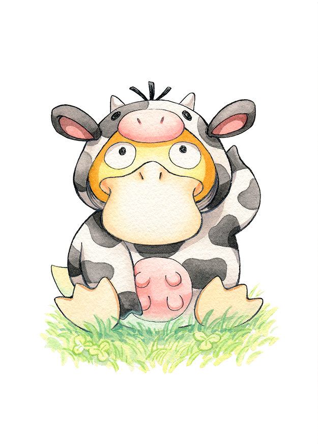 animal animal_costume animal_focus arm_up beak bird cow_costume cow_horns duck gen_1_pokemon grass horns looking_up nintendo no_humans oliver_hamlin pokemon pokemon_(creature) psyduck simple_background sitting solo white_background