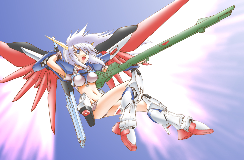 1girl arm_behind_head arm_up beam_cannon blue_eyes breasts destiny_gundam dual_wielding gradient_background groin gundam gundam_seed gundam_seed_destiny hair_between_eyes holding holding_cannon holding_sword holding_weapon long_hair mecha_musume mechanical_wings medium_breasts navel open_mouth personification shinjou_satomi short_sleeves solo spread_wings sword teeth upper_teeth_only weapon white_hair wings