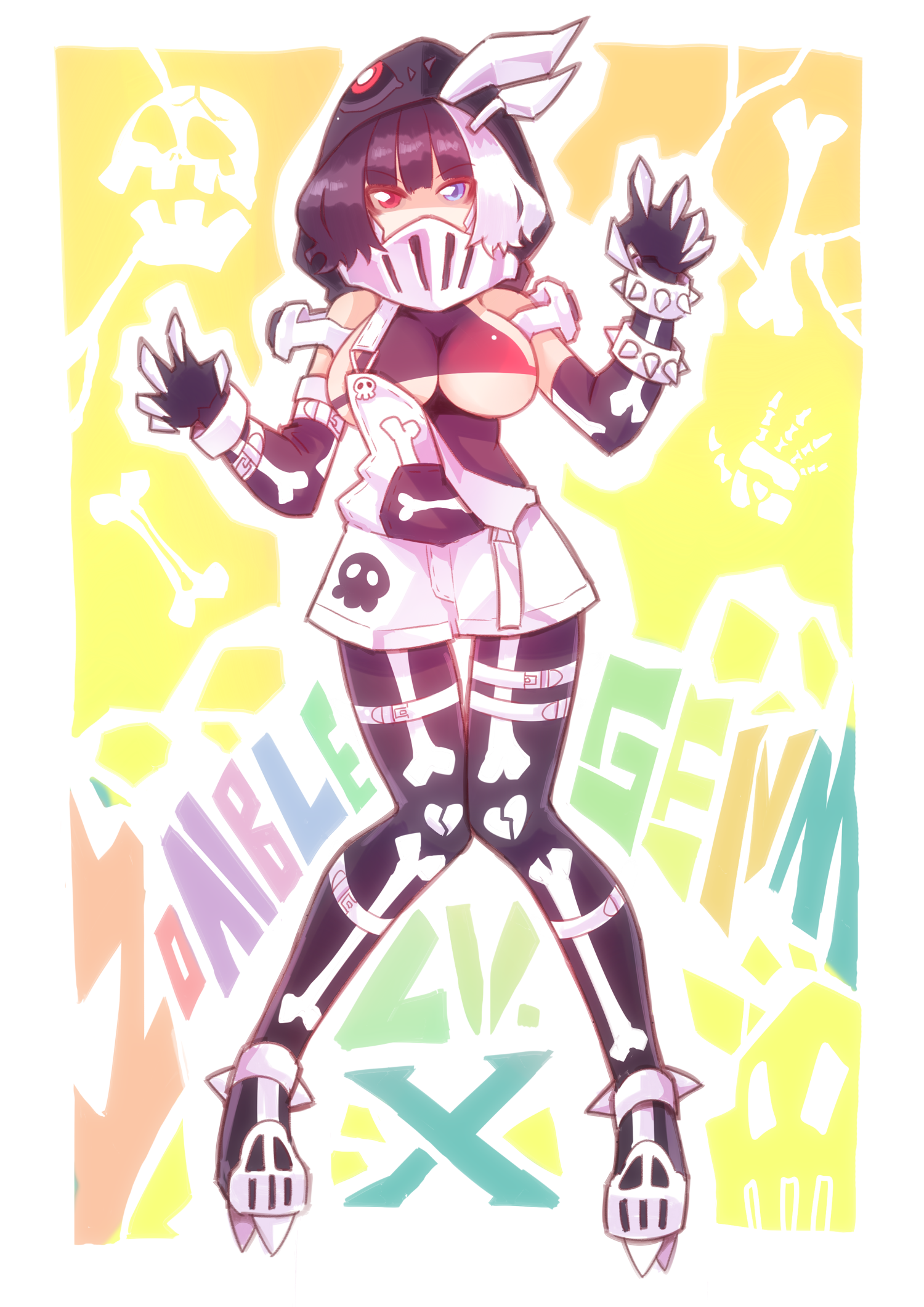 1girl armband black_gloves black_hair black_pantyhose black_shirt blue_eyes bone bone_print bracelet breasts broken_heart broken_heart_print claw_pose claws cleats ditienan_ddn gloves heart heart_print heterochromia highres hood hood_up jewelry kamen_rider kamen_rider_ex-aid_(series) kamen_rider_genm large_breasts looking_at_viewer mask multicolored_hair overalls pantyhose personification print_overalls print_pantyhose red_eyes respirator rider-tan shirt shoes short_hair skull skull_print sleeveless sleeveless_shirt spiked_bracelet spikes standing thigh_strap two-tone_hair underboob white_hair white_overalls white_shoes yellow_background zombie_gamer_level_x