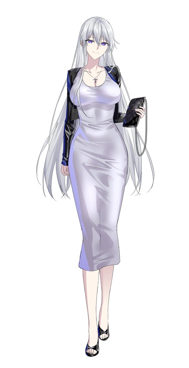1girl alternate_costume azur_lane covered_navel cross cross_necklace dongtan_dress dress enterprise_(azur_lane) full_body grey_dress highres jewelry long_hair meme_attire necklace purple_eyes simple_background solo suprii tight_clothes tight_dress white_background white_hair