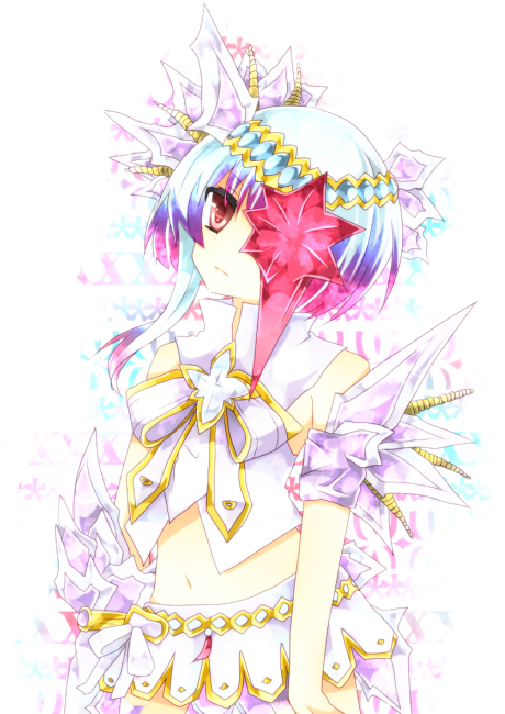 1girl alfa_system bad_id bad_pixiv_id blue_hair bow brooch brown_eyes eyepatch female_focus gradient_hair hair_ornament hairband hairpin jewelry midriff multicolored_hair navel purple_hair razalis razalis_(tales) ribbon shikito_(yawa0w0) short_hair sidelocks skirt solo tales_of_(series) tales_of_the_world tales_of_the_world_radiant_mythology_3 white_hair