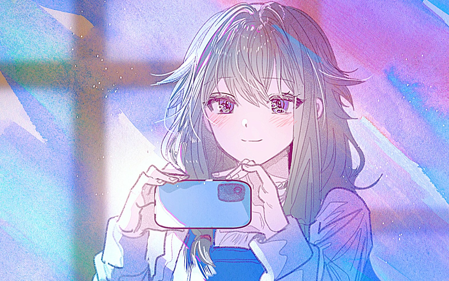 1girl blush cellphone closed_mouth commentary_request fingernails green_hair korean_commentary kusanagi_nene long_hair long_sleeves low-tied_sidelocks pho phone project_sekai purple_eyes sanya_(hwanmul) sidelocks smartphone smile solo split_mouth upper_body wavy_hair