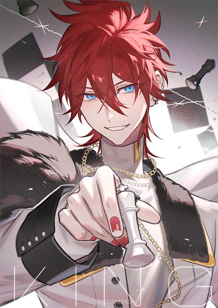 1boy aleo amagi_rinne blue_eyes chain chess_piece ear_piercing earrings english_text ensemble_stars! fingernails fur_trim glint grin hair_between_eyes holding holding_chess_piece jacket jewelry king_(chess) long_sleeves looking_at_viewer male_focus nail_polish necklace piercing red_hair red_nails shirt short_hair smile solo teeth upper_body white_jacket white_shirt
