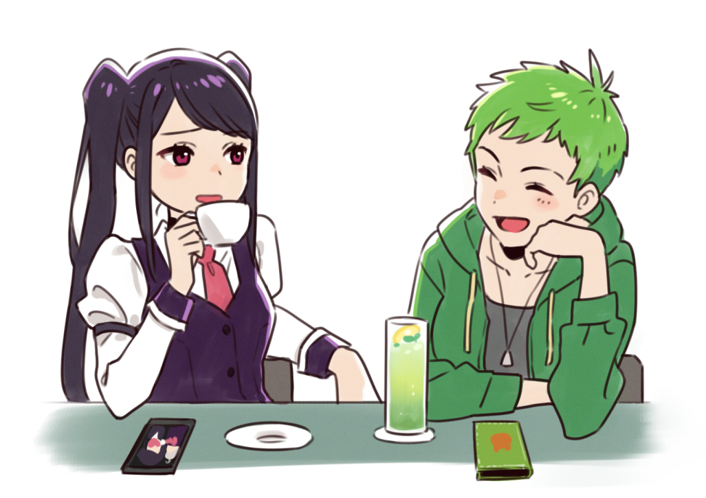 2girls bartender cellphone character_request cocktail coffee coffee_mug copyright_request crossover cup drinking_glass green_hair holding holding_cup ito_fumi jewelry jill_stingray long_hair mug multiple_girls necklace phone purple_hair saucer short_hair smartphone twintails va-11_hall-a