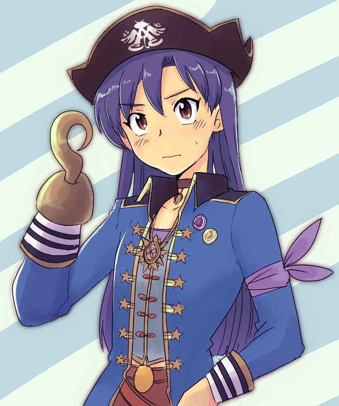 1girl black_hat blue_hair blue_jacket brown_eyes choker closed_mouth diagonal-striped_background hand_up hat hook_hand idolmaster idolmaster_(classic) jacket kisaragi_chihaya long_hair long_sleeves pirate solo striped_background sweatdrop tsubobot upper_body