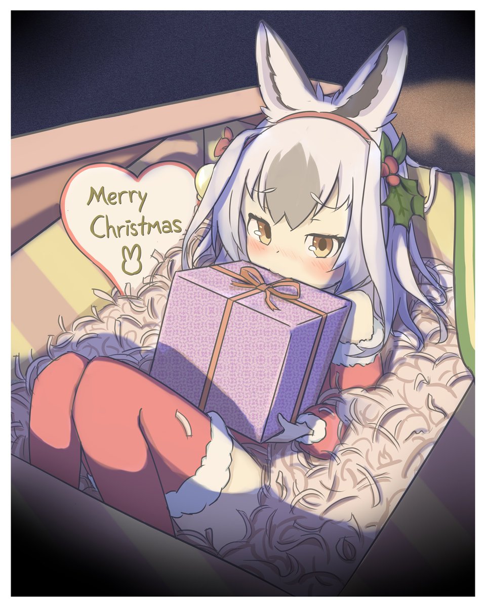 1girl animal_ears bare_shoulders blush christmas dress fur_trim grey_hair hair_between_eyes hair_ornament hairband highres holly_hair_ornament kemono_friends kemono_friends_3 long_sleeves looking_at_viewer merry_christmas multicolored_hair onefiresticks rabbit_ears rabbit_girl red_dress red_thighhighs santa_costume short_hair sidelocks snowshoe_hare_(kemono_friends) solo tearing_up thighhighs white_fur white_hair yellow_eyes