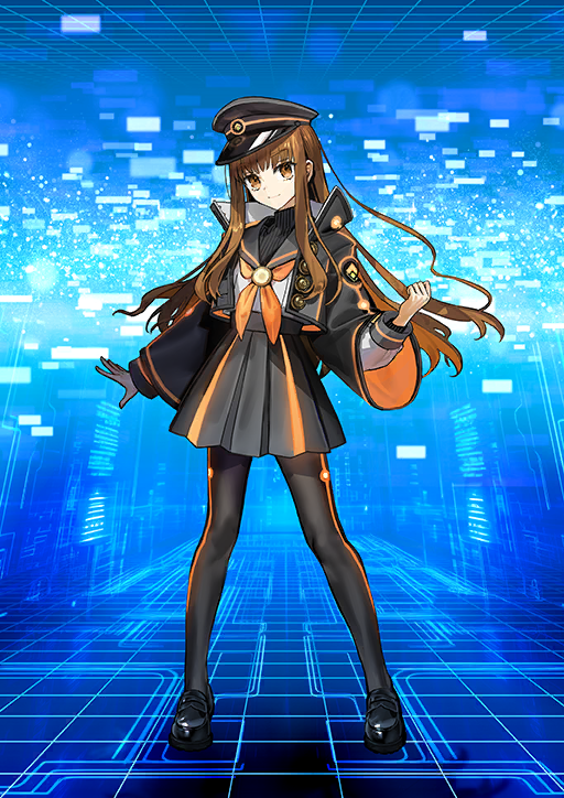 1girl black_hat black_pantyhose black_sailor_collar black_shoes black_skirt blue_background blunt_bangs breasts brown_eyes brown_hair buttons clenched_hand closed_mouth cropped_jacket fate/grand_order fate_(series) floating_hair full_body game_cg hand_up hat high-waist_skirt jacket kishinami_hakuno_(female) kishinami_hakuno_(female)_(mooncancer) layered_sleeves legs_apart loafers long_hair long_sidelocks long_sleeves looking_at_viewer miniskirt neckerchief official_art open_clothes open_jacket orange_neckerchief outstretched_arm pantyhose peaked_cap pleated_skirt popped_collar sailor_collar school_uniform serafuku shirt shirt_tucked_in shoes sidelocks skirt smile solo standing third-party_source turtleneck undershirt wada_arco white_shirt wide_sleeves