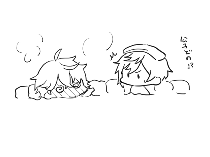 2boys chibi dizzy genshin_impact gils3105 greyscale image_sample japanese_text monochrome multiple_boys onsen pixiv pixiv_sample spiral tartaglia_(genshin_impact) white_background zhongli_(genshin_impact)