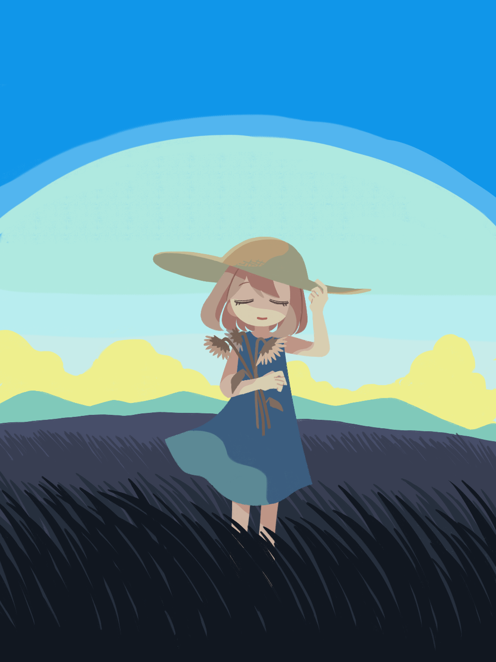 1girl arm_up blue_dress blue_sky closed_eyes closed_mouth cloud day dead_plants dress facing_viewer field floating_hair flower grass hand_on_headwear hat highres holding holding_flower light_brown_hair mountainous_horizon outdoors short_hair sky sleeveless sleeveless_dress smile solo standing sun_hat sundress sunflower suyazzz_(soyoyon) usotsuki wide_shot yume_nisshi