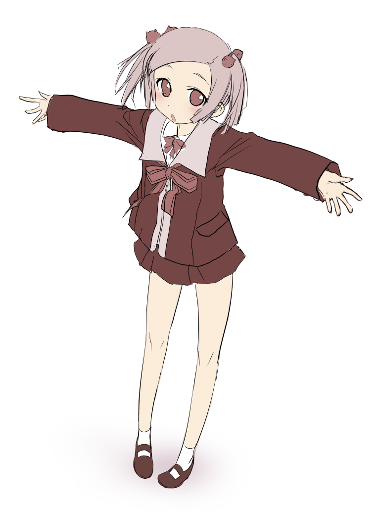 1girl brown_eyes brown_shoes female_focus full_body kokeshi_men light_brown_hair open_mouth outstretched_arms school_uniform serafuku shoes socks solo standing white_background white_socks