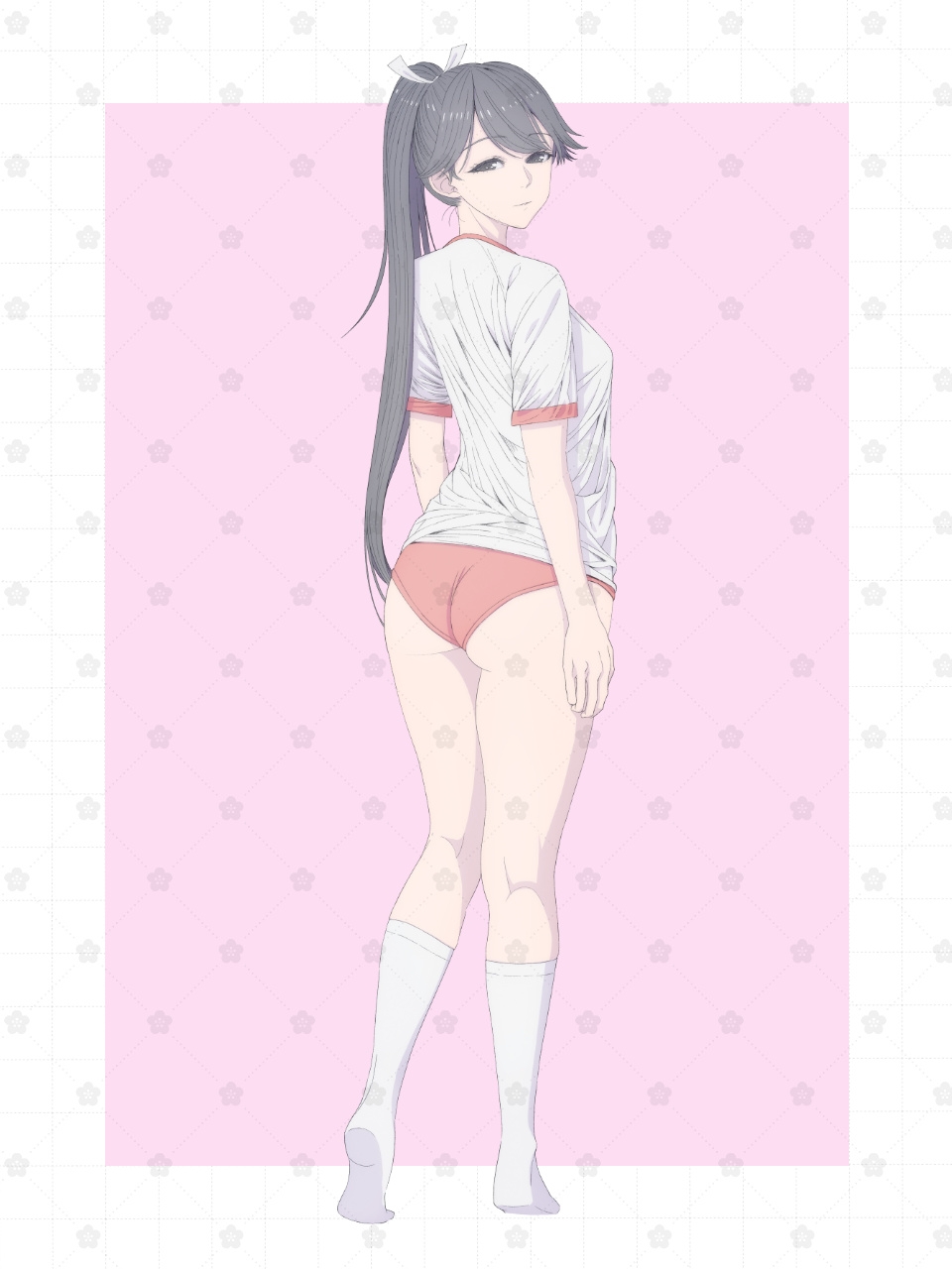 1girl ass bad_source black_eyes black_hair buruma closed_mouth from_behind full_body gym_shirt gym_uniform hair_ribbon highres houshou_(kancolle) kantai_collection long_hair looking_at_viewer looking_back no_shoes paid_reward_available ponytail red_buruma ribbon shirt solo standing thighhighs white_ribbon white_shirt white_thighhighs yuichi_(sp_sakura_yoshi)