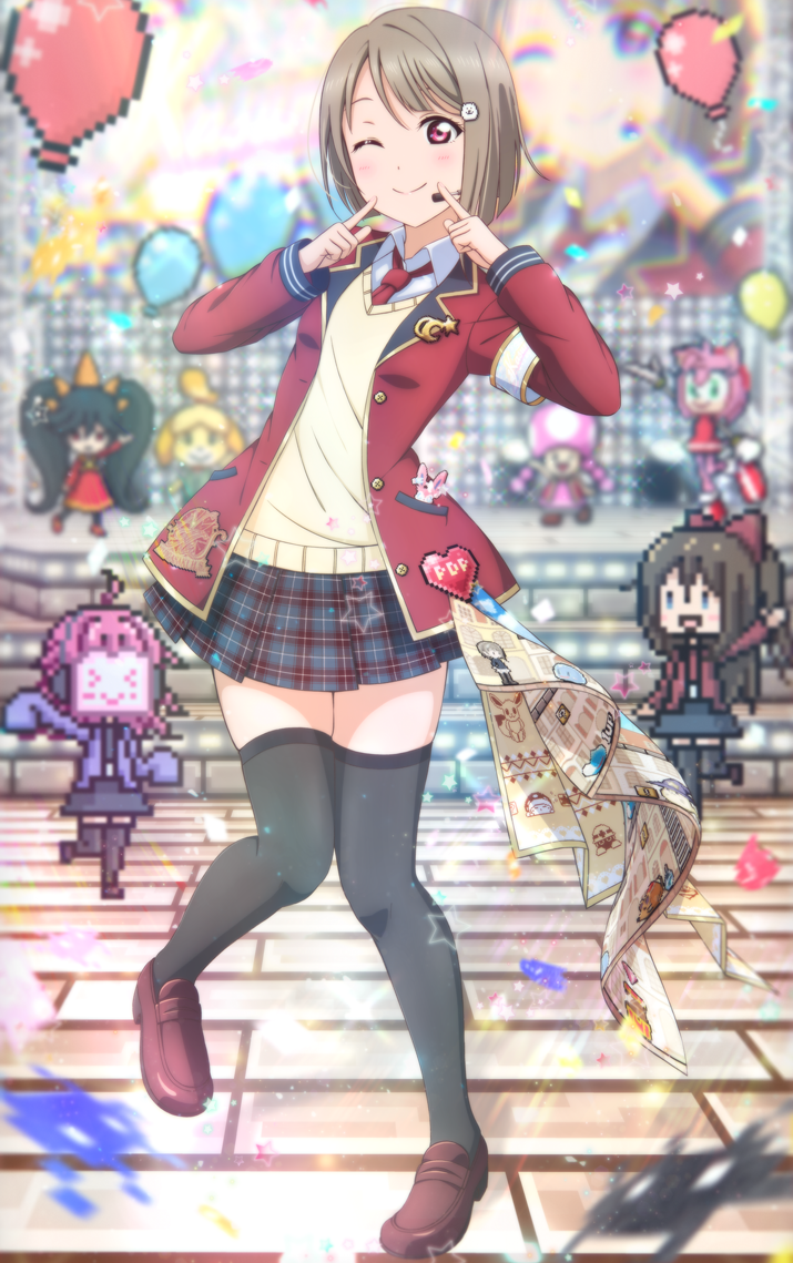 1girl 8-bit ;) artist_name artist_request badge ball black_legwear blush breasts brown_hair brown_shoes cardigan checkered_clothes checkered_skirt collared_shirt crescent_moon_symbol female_focus fingers_to_cheeks full_body green_skirt grey_hair hair_ornament hairclip heart heart_print jacket light_brown_hair looking_at_viewer love_live! love_live!_nijigasaki_high_school_idol_club microphone miniskirt nakasu_kasumi necktie one_eye_closed open_cardigan open_clothes open_jacket parted_lips pink_eyes plaid_clothes plaid_skirt pleated pleated_skirt purple_eyes red_cardigan red_jacket red_necktie shirt shoes short_hair skirt small_breasts smile solo sweater sweater_vest white_shirt wing_collar wink yellow_sweater