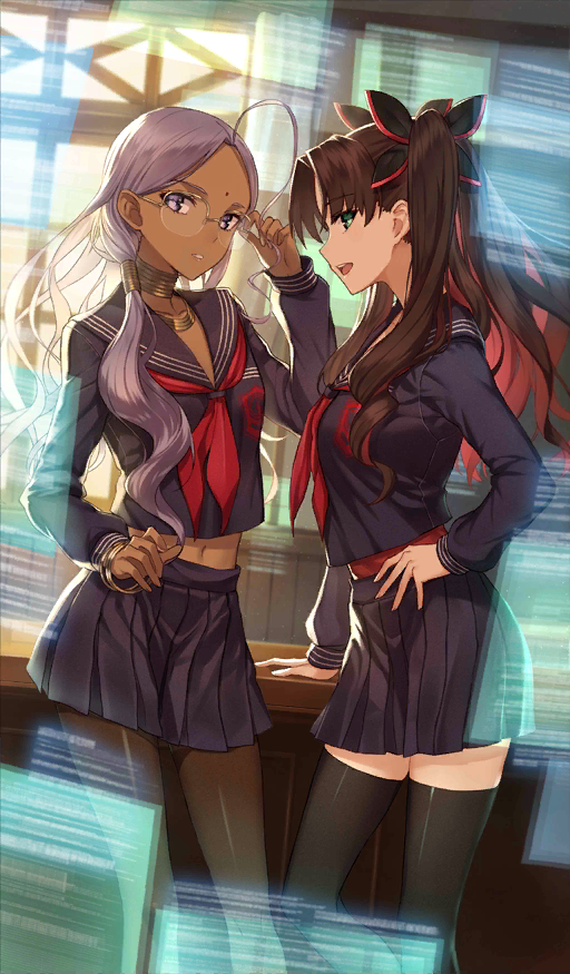 10s 2girls adjusting_eyewear ahoge black_legwear black_serafuku black_skirt bracelet brown_hair brown_legwear commentary_request craft_essence_(fate) dark-skinned_female dark_skin famepeera fate/extra fate/extra_ccc fate/grand_order fate_(series) female_focus glasses gloves green_eyes grey_hair hair_ribbon hand_on_own_hip jewelry looking_at_viewer looking_to_the_side midriff multiple_girls navel neck_ring official_art open_mouth pantyhose parted_bangs parted_lips pleated_skirt purple_eyes rani_viii ribbon school_uniform serafuku skirt smile standing thighhighs tohsaka_rin tsukumihara_student_council two_side_up type-moon