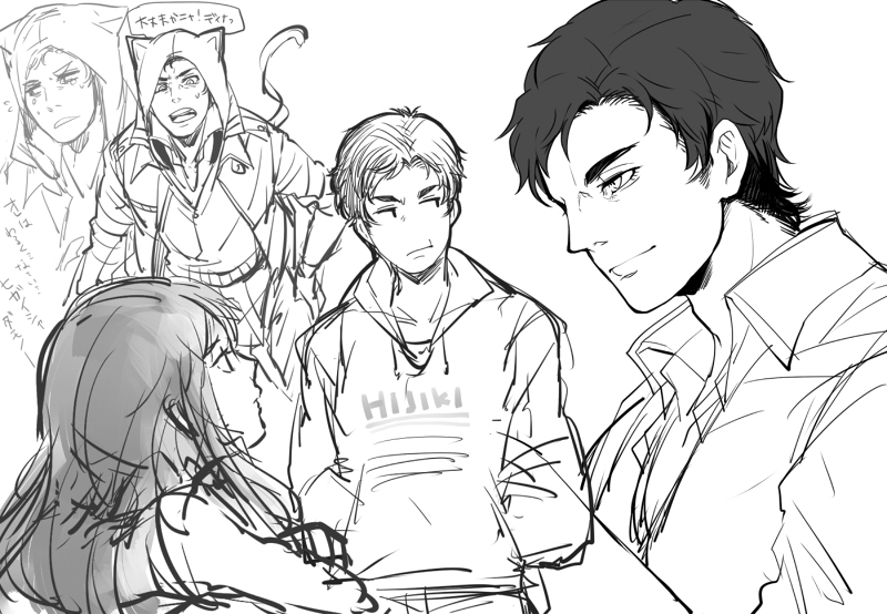 1boy 1girl aimf alex_mercer animal_ears cat_ears elizabeth_greene greyscale hood hoodie monochrome prototype_(game)