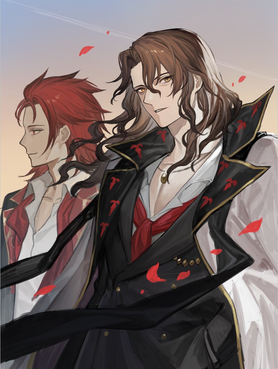 2boys brown_hair checkered_sleeves formal_clothes gomigomiiiiiiim granblue_fantasy highres jacket jacket_on_shoulders long_hair looking_at_viewer multiple_boys percival_(granblue_fantasy) petals profile red_hair rose_petals siegfried_(granblue_fantasy) suit the_dragon_knights unbuttoning