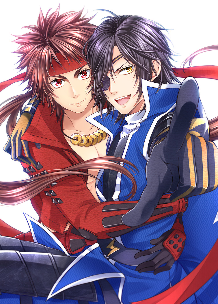 2boys :d arm_around_shoulder arm_around_waist black_hair brown_hair couple date_masamune_(sengoku_basara) floating_hair jacket jewelry long_hair looking_at_viewer male_focus multiple_boys necklace no_shirt open_mouth pointing pointing_at_viewer red_eyes red_jacket sanada_yukimura_(sengoku_basara) sengoku_basara short_hair simple_background smile teeth upper_teeth_only v-shaped_eyebrows warabi_(waradoko) white_background yaoi yellow_eyes