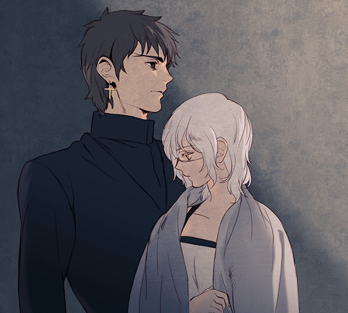 1boy 1girl bad_id bad_pixiv_id brown_hair claudia_hortensia cloak cross cross_earrings earrings eyepatch fate/zero fate_(series) hetero husband_and_wife jewelry kotomine_kirei taa_(acid) white_hair yellow_eyes