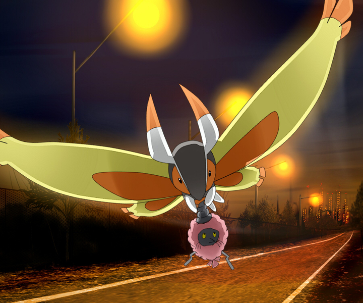 building burmy burmy_(trash) city commentary_request creature evolutionary_line flying full_body gen_4_pokemon holding holding_pokemon keckle looking_at_viewer mothim night night_sky nintendo no_humans pokemon pokemon_(creature) road sky