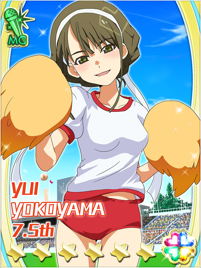 1girl :d akb0048 buruma card_(medium) character_name cheering collarbone cowboy_shot green_eyes green_hair gym_shirt gym_uniform hachimaki hair_ribbon headband heart holding holding_pom_poms looking_at_viewer non-web_source official_art open_mouth outdoors pom_pom_(cheerleading) pom_poms red_buruma ribbon scoreboard shirt short_hair short_sleeves smile solo sparkle stadium standing star_(symbol) white_ribbon white_shirt yokoyama_yui_(akb0048)