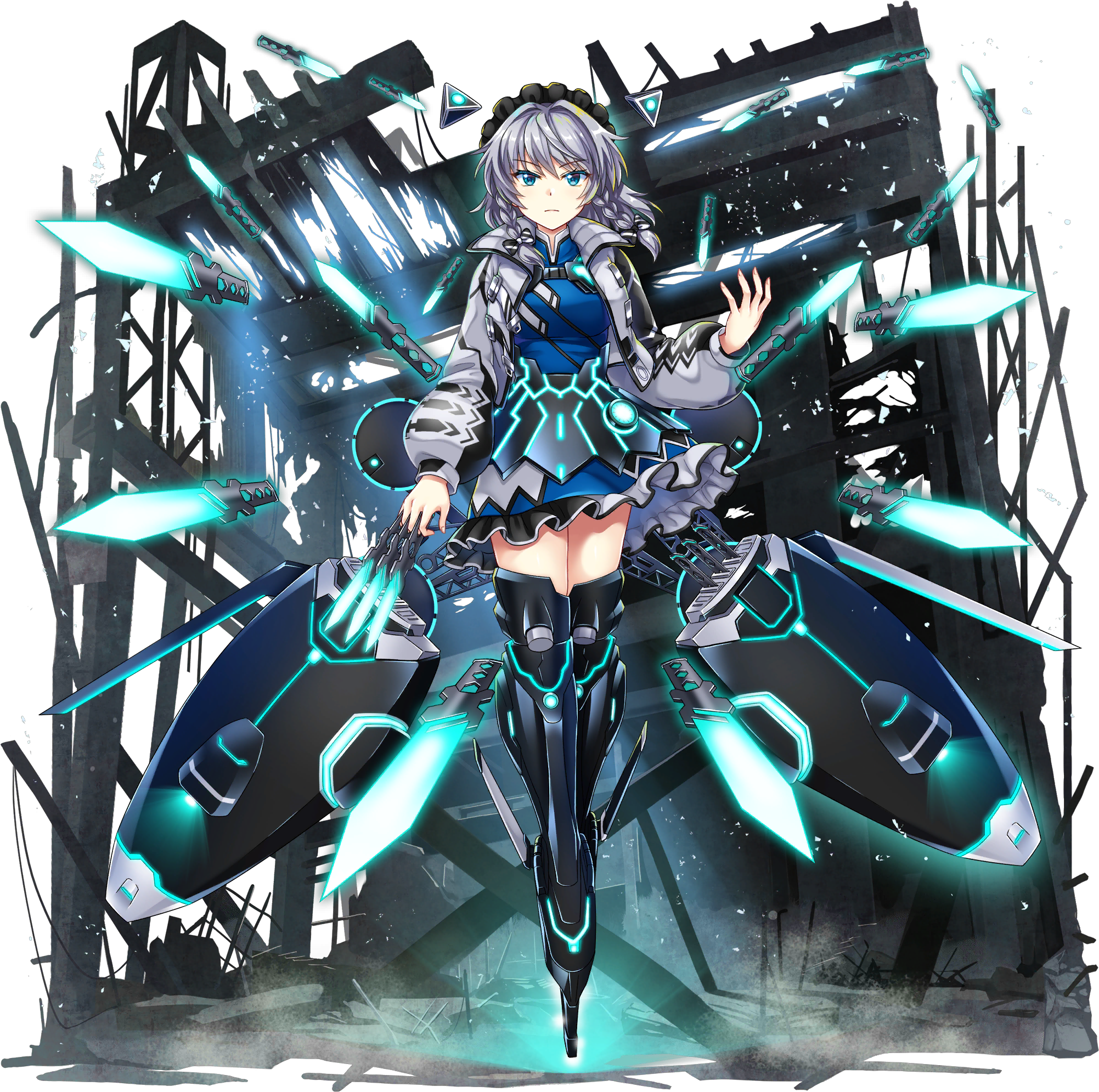 1girl alternate_costume alternate_headwear_color armor armored_skirt between_fingers black_bow black_headdress black_jacket blue_dress blue_eyes bow braid breasts closed_mouth dress drone flight_pack game_cg glowing glowing_weapon greaves grey_hair grey_jacket highres holding holding_knife izayoi_sakuya izayoi_sakuya_(lunar_war_servant) jacket knife knives_between_fingers long_hair long_sleeves looking_at_viewer machinery maid_headdress multicolored_jacket neon_trim official_art open_clothes open_jacket puffy_long_sleeves puffy_sleeves rotte_(1109) science_fiction serious side_braid skirt solo third-party_source touhou touhou_lostword transparent_background twin_braids two-tone_jacket weapon wind wind_lift
