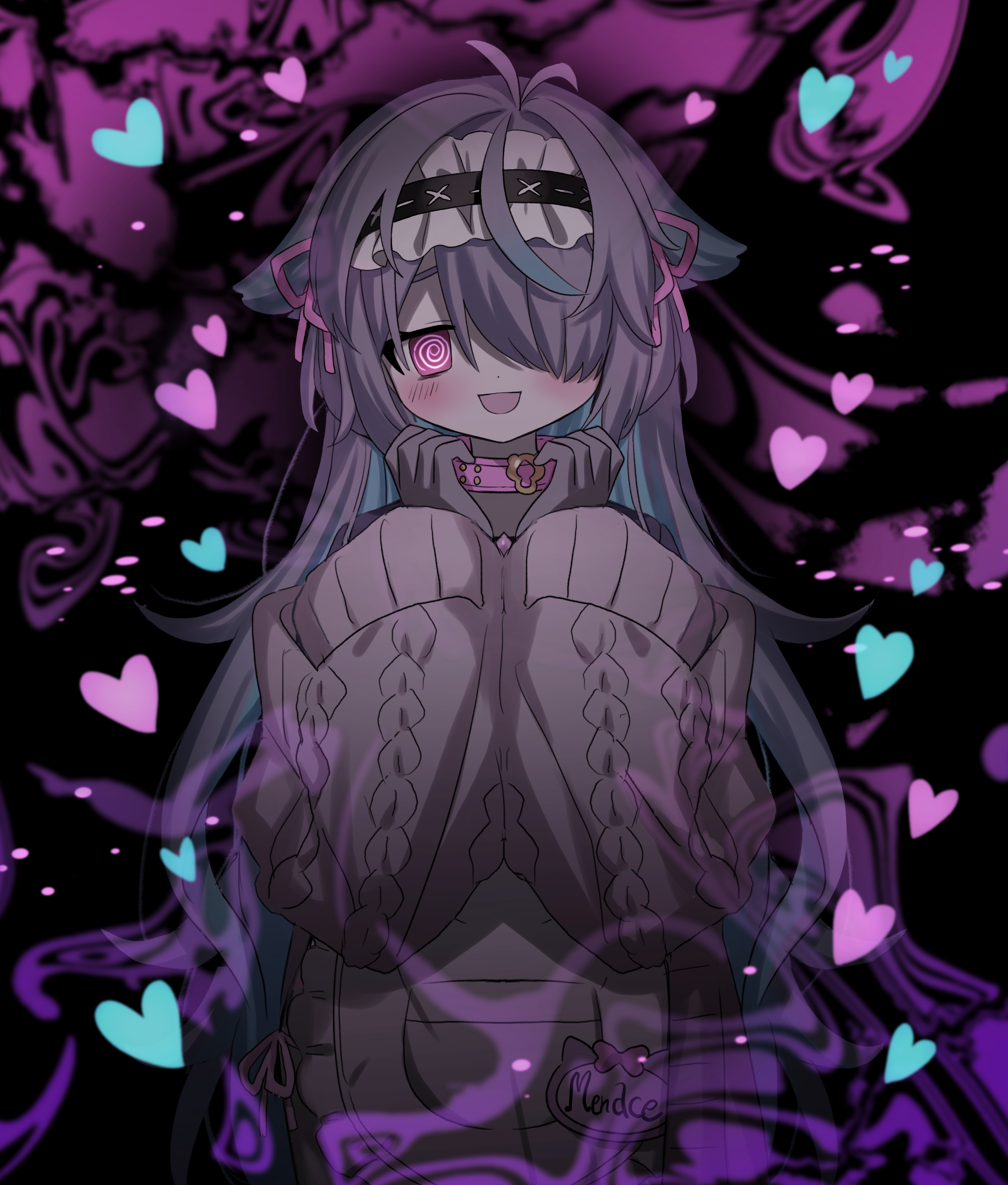 1girl @_@ absurdres animal_collar apron black_hairband blue_hair blush cardigan character_name collar colored_inner_hair colored_tips frilled_hairband frills gloves grey_cardigan grey_gloves grey_hair hair_over_one_eye hairband heart highres indie_virtual_youtuber kaitenta1 long_hair menace_mamaki multicolored_hair name_tag open_mouth panties pink_collar purple_eyes side-tie_panties smile solo underwear virtual_youtuber white_apron yandere