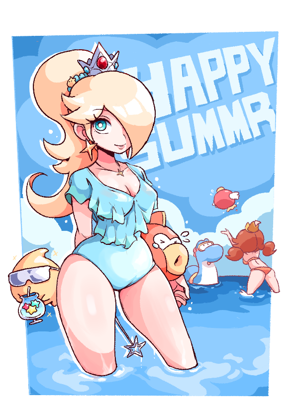 2girls arm_behind_back ass back bikini blonde_hair blue_eyes blue_one-piece_swimsuit border breasts brown_hair candy cheep_cheep cleavage cloud collarbone crown dorrie earrings english_text food frilled_one-piece_swimsuit frills goggles hair_tie ioh jewelry konpeitou lips looking_at_viewer luma_(mario) mario_(series) medium_breasts multiple_girls necklace nintendo ocean one-piece_swimsuit orange_bikini plesiosaur ponytail princess_daisy rosalina short_twintails skin_tight skindentation sky smile star_(symbol) star_bit star_earrings sunglasses super_mario_galaxy super_mario_land swimsuit thighs tropical_drink twintails wand wet