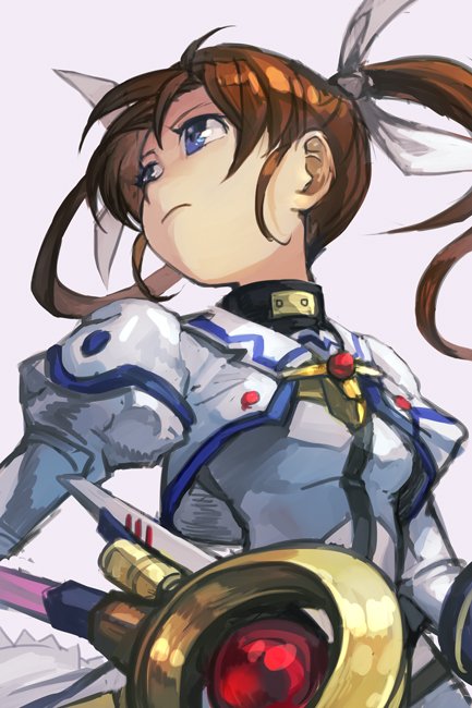 1girl blue_eyes bow brown_hair closed_mouth dress female_focus grey_background hair_bow holding hungry_clicker juliet_sleeves long_sleeves looking_away lyrical_nanoha puffy_sleeves raising_heart raising_heart_(device_mode)_(1st) simple_background solo standing takamachi_nanoha takamachi_nanoha_(movie_1st_mode) twintails upper_body wand white_bow white_dress